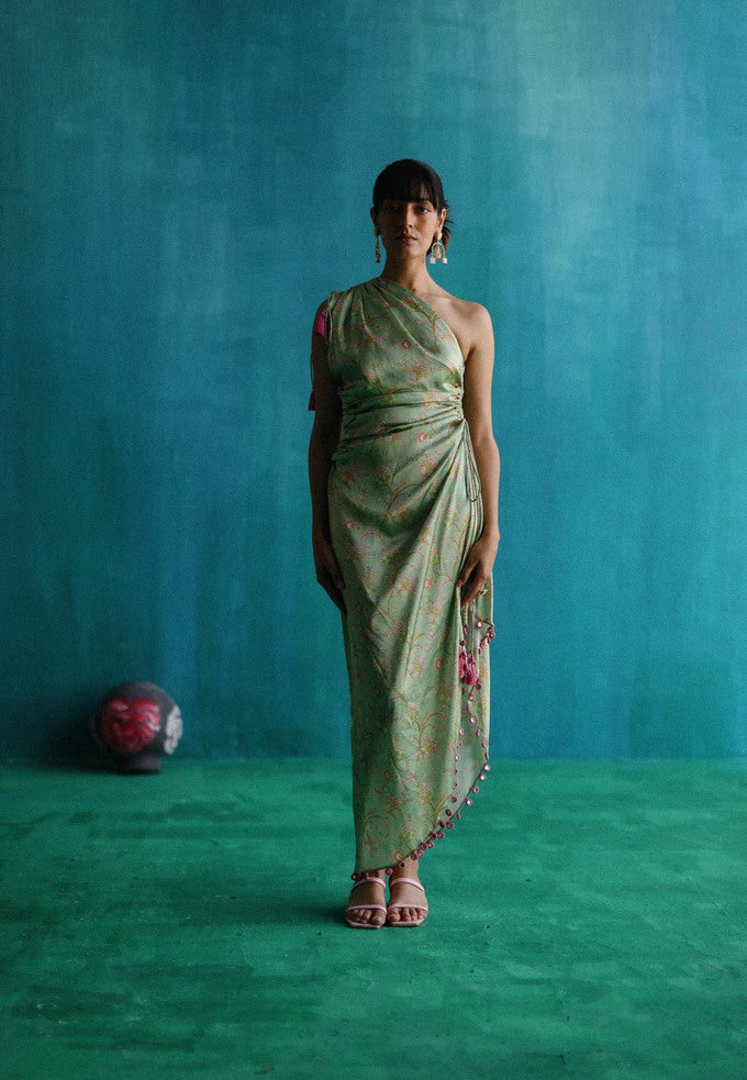 Green bageecha drawstring mirror dress