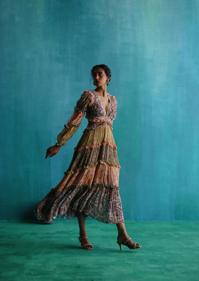 Multicolour georgette gathered tier dress