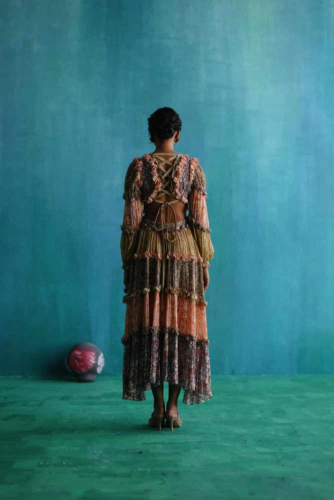 Multicolour georgette gathered tier dress