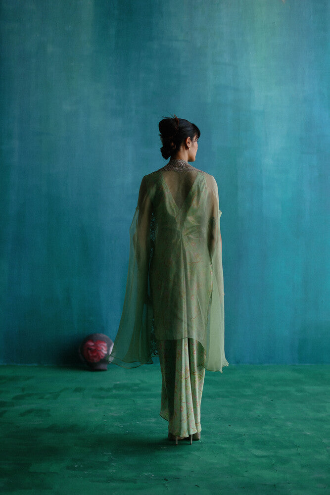 Green bageecha drape dress with silk organza cape