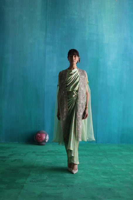 Green bageecha drape dress with silk organza cape