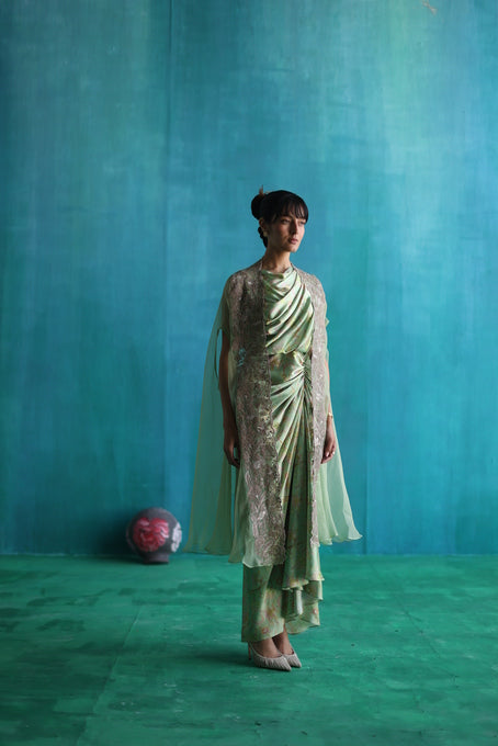 Green bageecha drape dress with silk organza cape