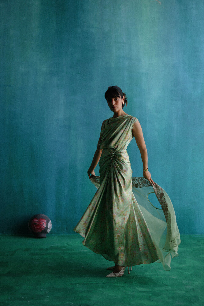 Green bageecha drape dress with silk organza cape