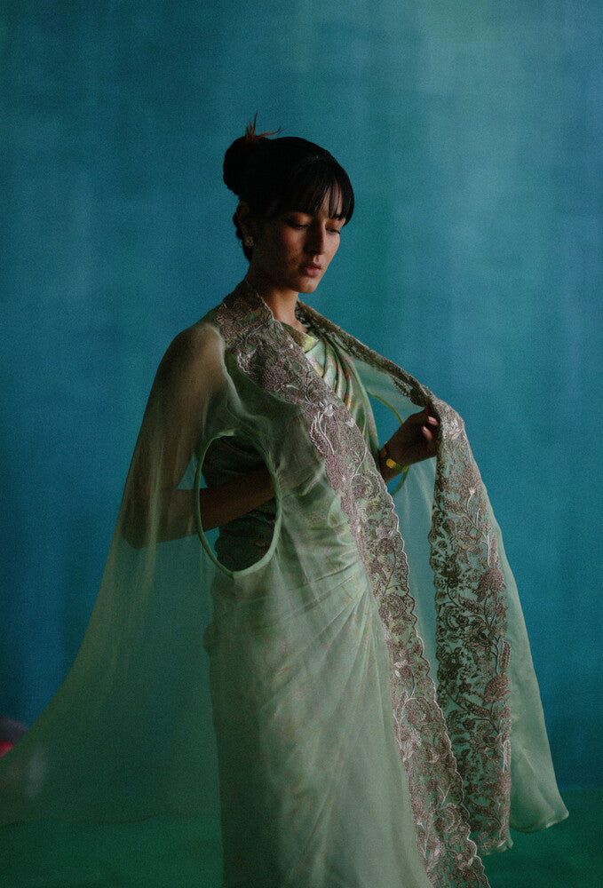 Green bageecha drape dress with silk organza cape
