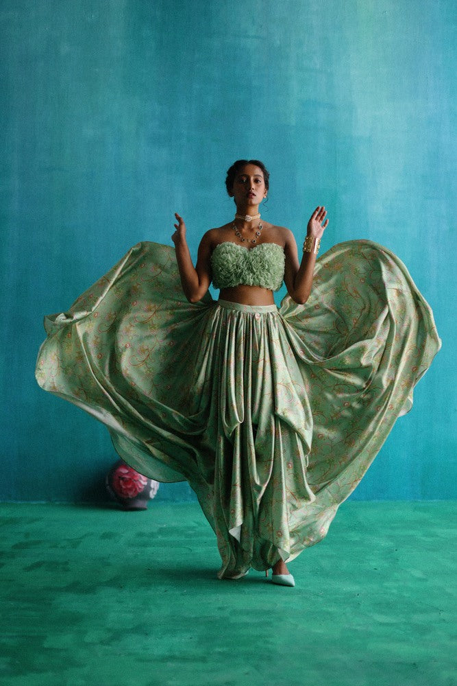 Green bageecha drape lehenga set