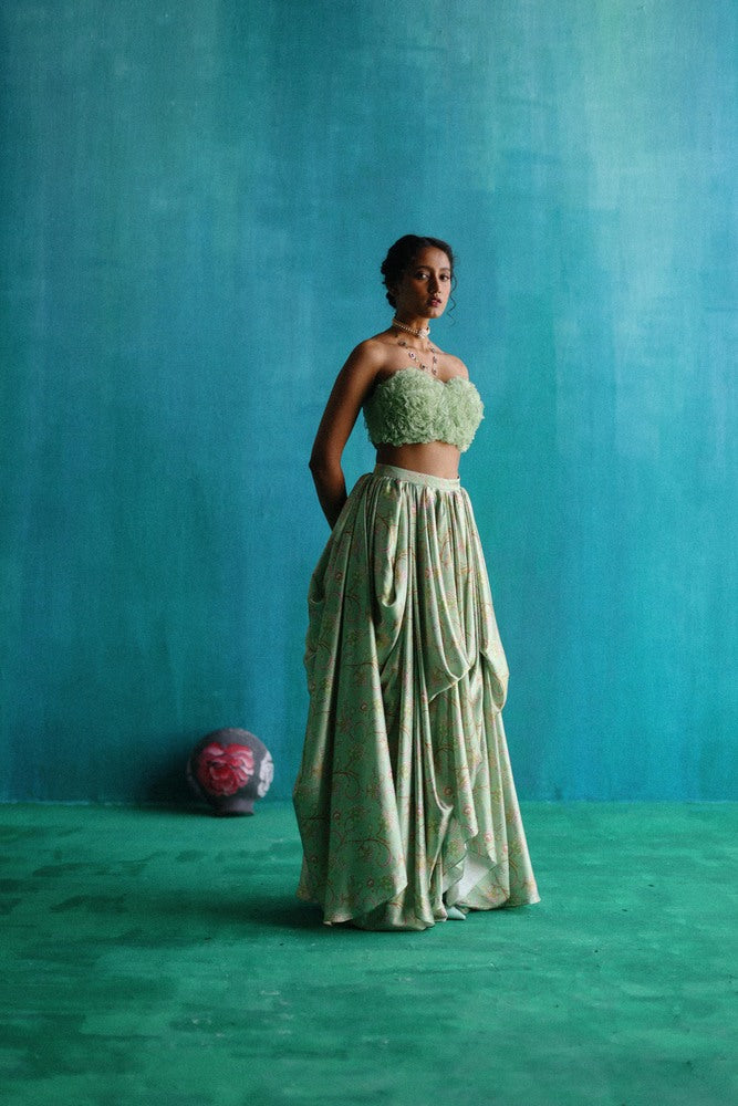 Green bageecha drape lehenga set