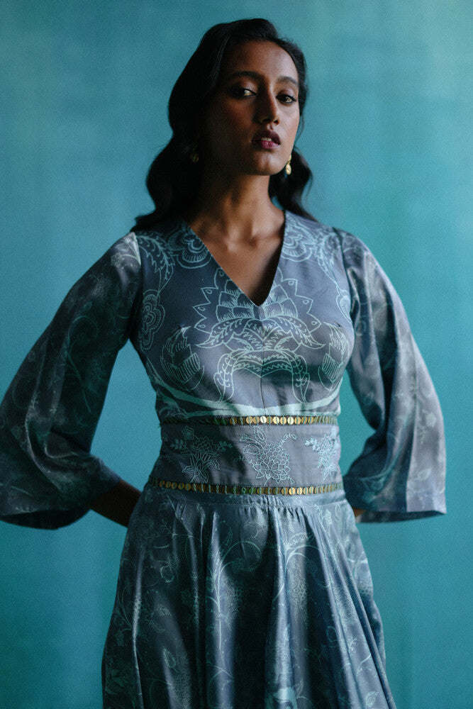 Grey bageecha printed handkercheif dress
