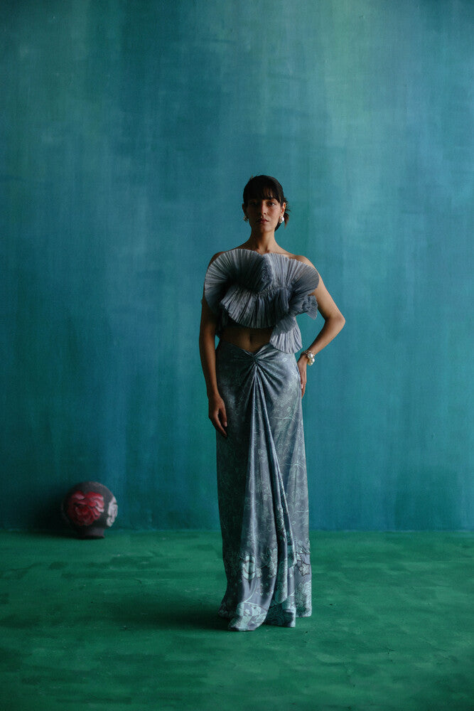 Grey bageecha drape skirt with crushed blouse