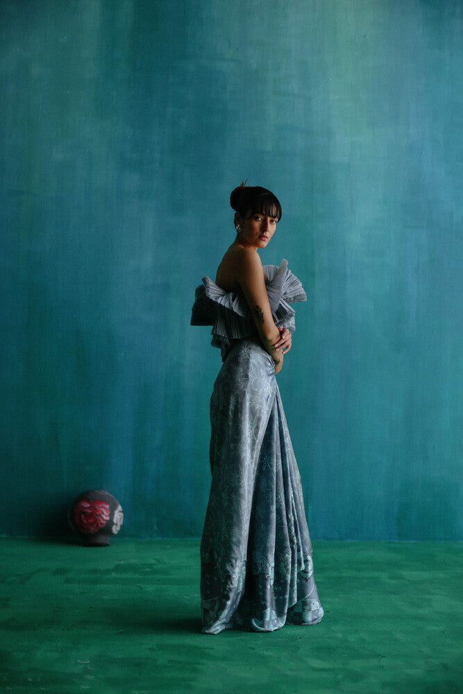Grey bageecha drape skirt with crushed blouse