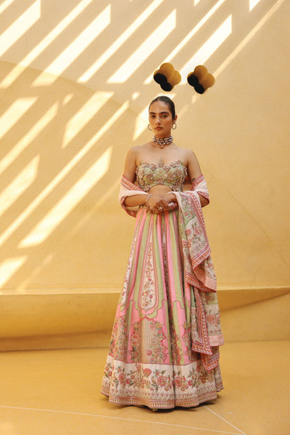 Pink and sage green raw silk printed/embroidered lehenga