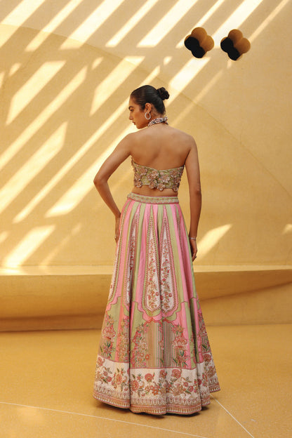 Pink and sage green raw silk printed/embroidered lehenga