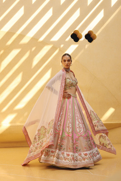 Pink and sage green raw silk printed/embroidered lehenga