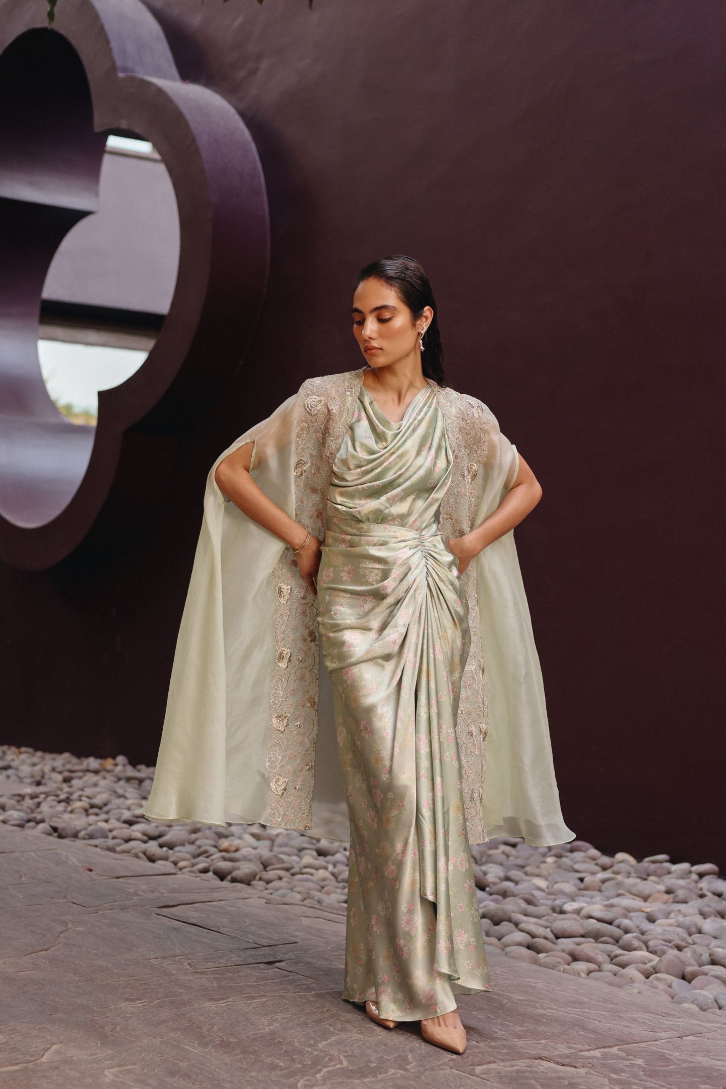 Noor drape dress with cape set