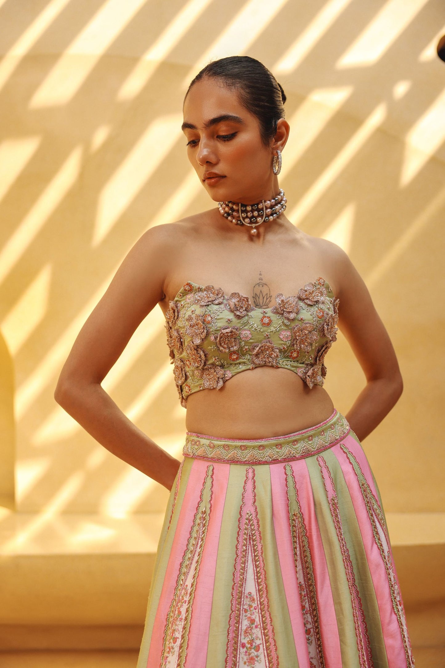 Pink and sage green raw silk printed/embroidered lehenga