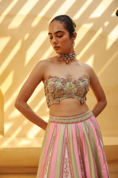 Pink and sage green raw silk printed/embroidered lehenga