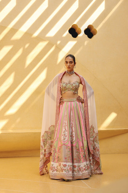 Pink and sage green raw silk printed/embroidered lehenga