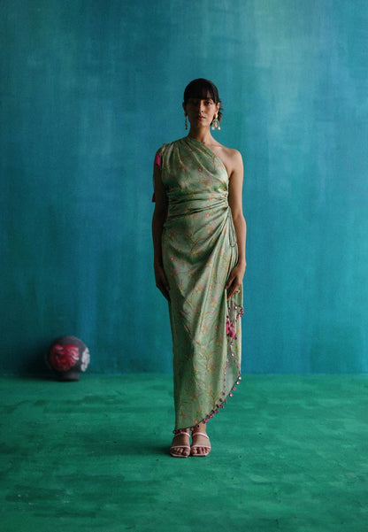 Green bageecha drawstring mirror dress