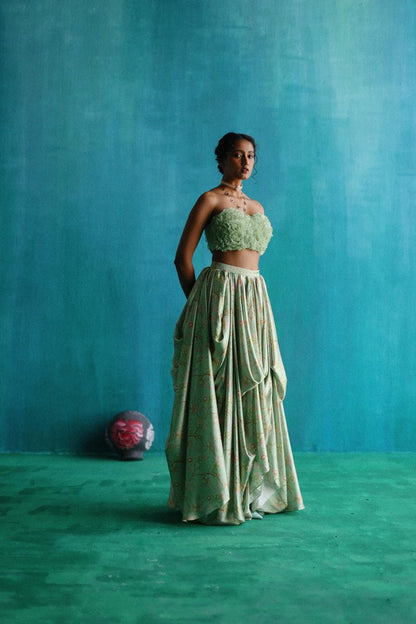 Green bageecha drape lehenga set
