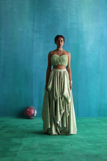 Green bageecha drape lehenga set